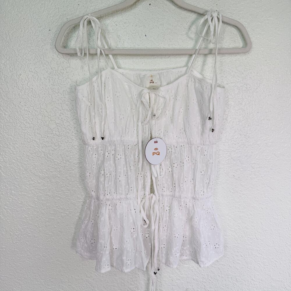Pilyq Top Womens XS/S Eyelet Embroidered Tiered Tie Front Tank Cover Up Beachy